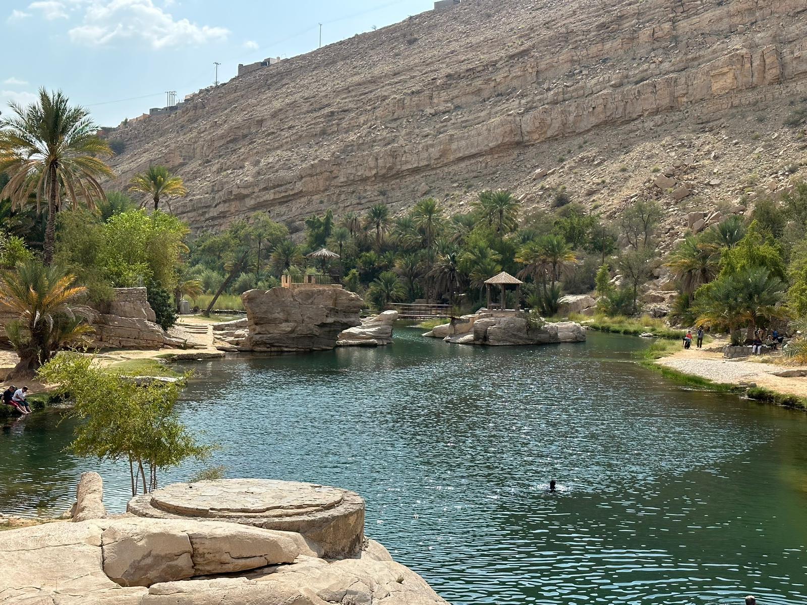 Palmen und türkisfarbenes Wasser im Wadi Bani Khalid